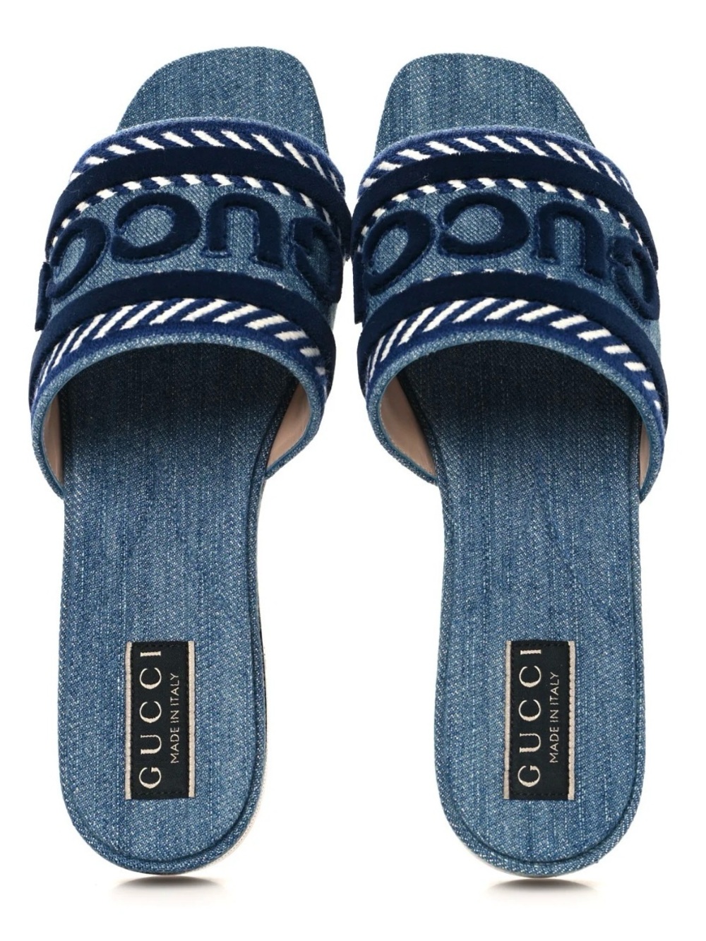 Gucci Denim Slide Mules in Blue with Navy Trim